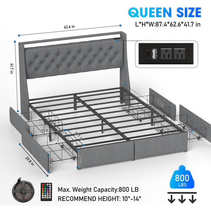 Platform Bed Frame With RGB LED Lights, Charging Station, Storage Headboard & 4 Underbed Drawers Home Essentials