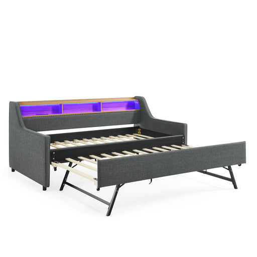 Upholstered Sofa Bed With LED Lights, Storage Headboard, Foldable Trundle & Wireless Charging Home Essentials