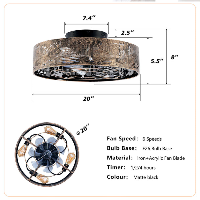 20" Iron Art Ceiling Fans With Remote, Flush Mount Ceiling Fan With 6 Speeds Reversible Motor, Not Included Bulbs - Blush / Gold / Bronze Daily Nest