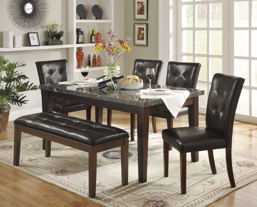 Dark Cherry Finish Wooden 6 Piece Dining Set Marble Top Table With 4 Side Chairs Bench Seating Dark Brown Faux Leather Upholstered Dining Kitchen Furniture Set