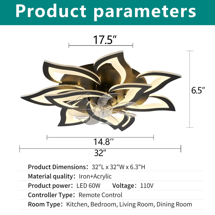 32" Flower Ceiling Fan With LED Dimmable Light, Low Profile Flush Mount Fan With Remote Control, 6 Speeds Daily Nest