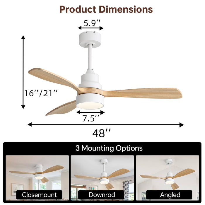 48" Ceiling Fan With Light, Dual Mount (Flush / Downrod), Dimmable LED, Quiet DC Motor, 3 Blades Daily Nest
