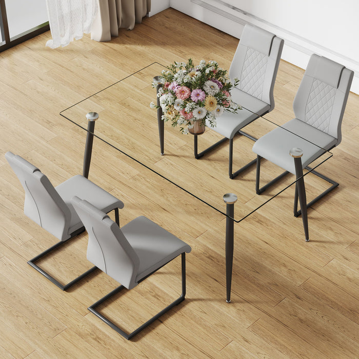 1 Table And 4 Chairs Set, Rectangular Table With Transparent Tabletop And Black Metal Legs, Paired With 4 Chairs With PU Leather Cushioned Seats And Black Metal Legs- Glass / Metal