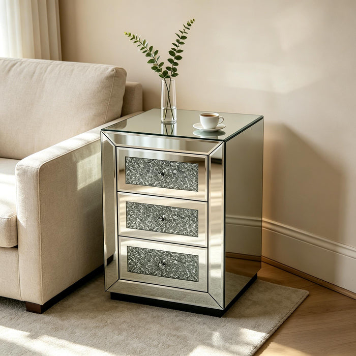 3 Drawer Nightstand With Glass Accents, Bedside Table For Bedroom - Silver Home Essentials