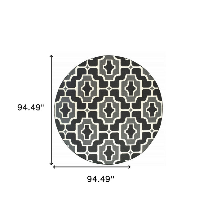 8' X 8' Round Geometric Stain Resistant Indoor / Outdoor Area Rug - Black / Gray