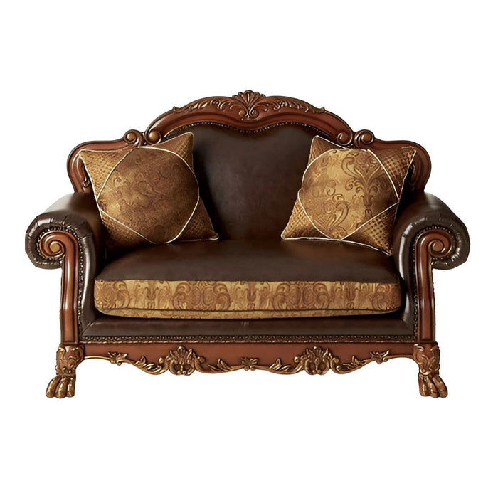 Chenille Faux Leather And Cherry Oak Love Seat - Brown