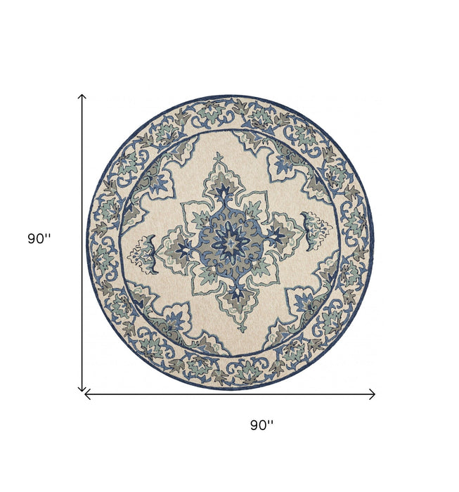 8' Hand Hooked UV Treated Floral Medallion Round Indoor / Outdoor Area Rug - Ivory Blue