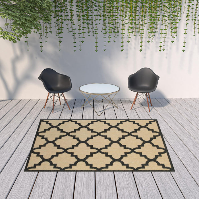 7' X 10' Geometric Stain Resistant Indoor / Outdoor Area Rug - Beige / Black