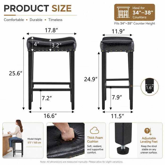 Bar Stool With Brass Nailhead Trim (Set of 2) - Black Home Essentials