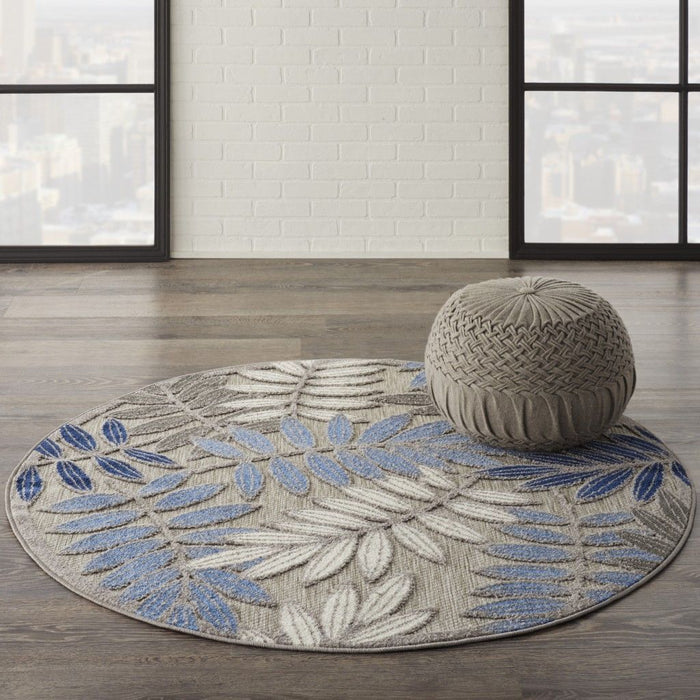 4' Round Round Floral Indoor & Outdoor Area Rug - Blue / Gray