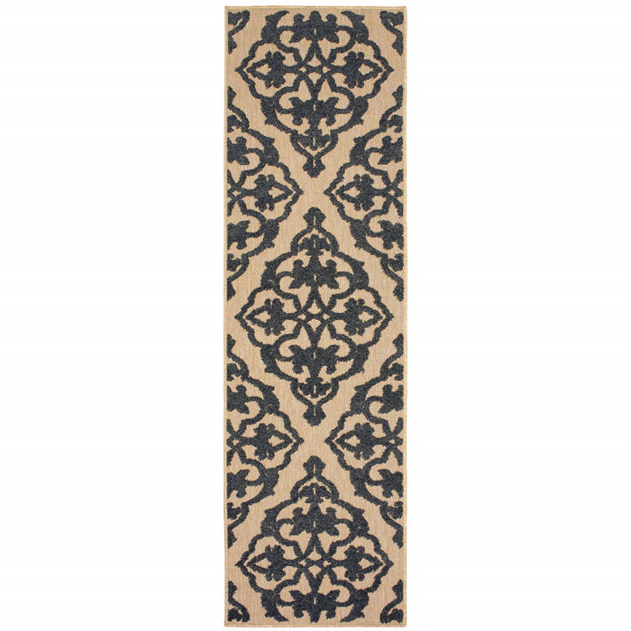 2' X 8' Oriental Stain Resistant Indoor / Outdoor Area Rug - Beige / Black