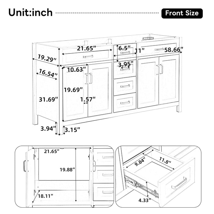 Bathroom Vanity Cabinet Only, Soft Close Doors & Drawers, 4 Drawers & 2 Double Door Cabinets - White Noble House