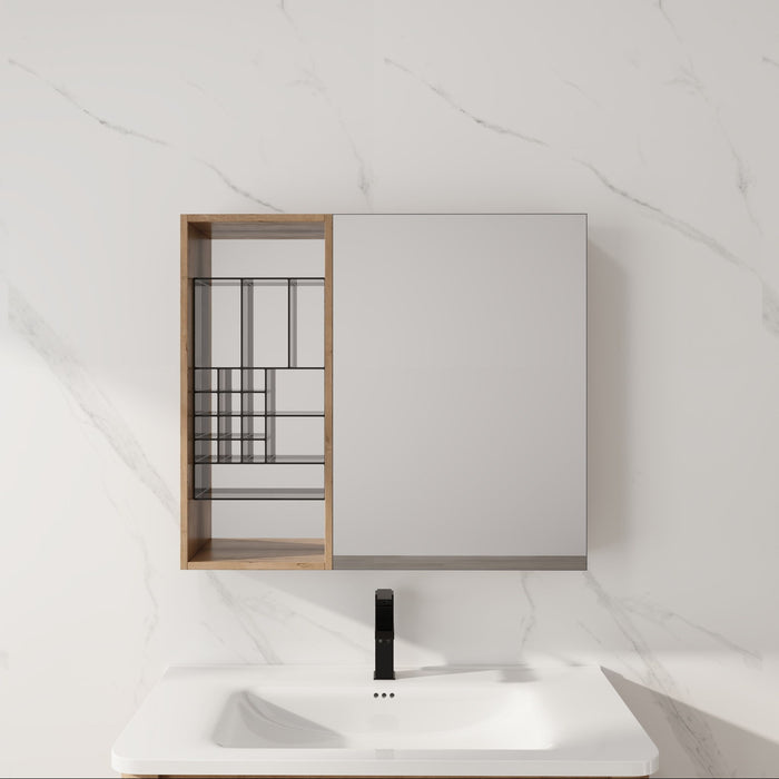 Wall Mounted Bathroom Mirror Cabinet With Adjustable Shelves - Imitative Oak Home Essentials