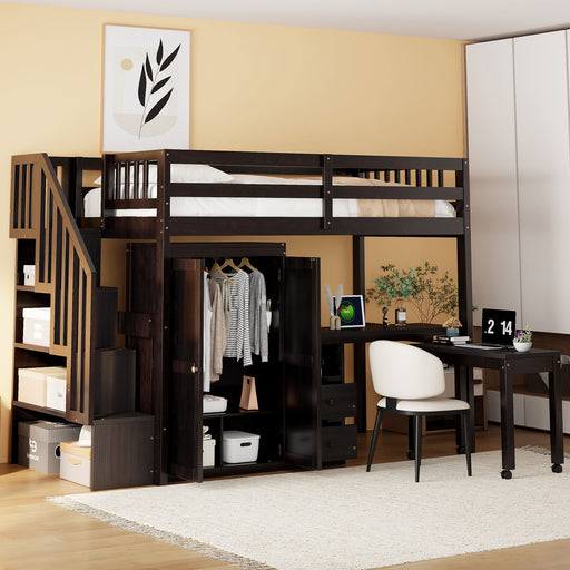Loft Bed With Stairs, Bookshelf, Drawers, Desk & Wardrobe, Space Saving Multifunctional Furniture DreamHaus
