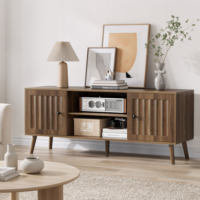 55" TV Cabinet With Vertical Groove Doors, Adjustable Shelves - Walnut Home Essentials