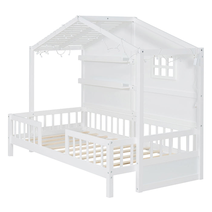 House Bed With Shelves, Window And Sparkling Light Strip On The Roof