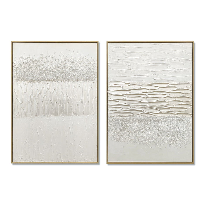 Framed Abstract Wall Art, Thick Textured Canvas Painting With Stone Accents (Set of 2) - Antique White Daily Nest