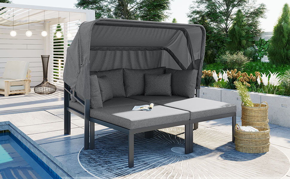 Topmax 3 Piece Patio Daybed With Retractable Canopy Outdoor Metal Sectional Sofa Set Sun Lounger With Cushions For Backyard, Porch, Poolside, Gray