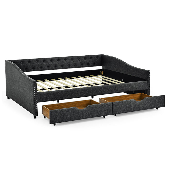 Upholstered Tufted Daybed With 2 Drawers, Waved Arms Home Essentials
