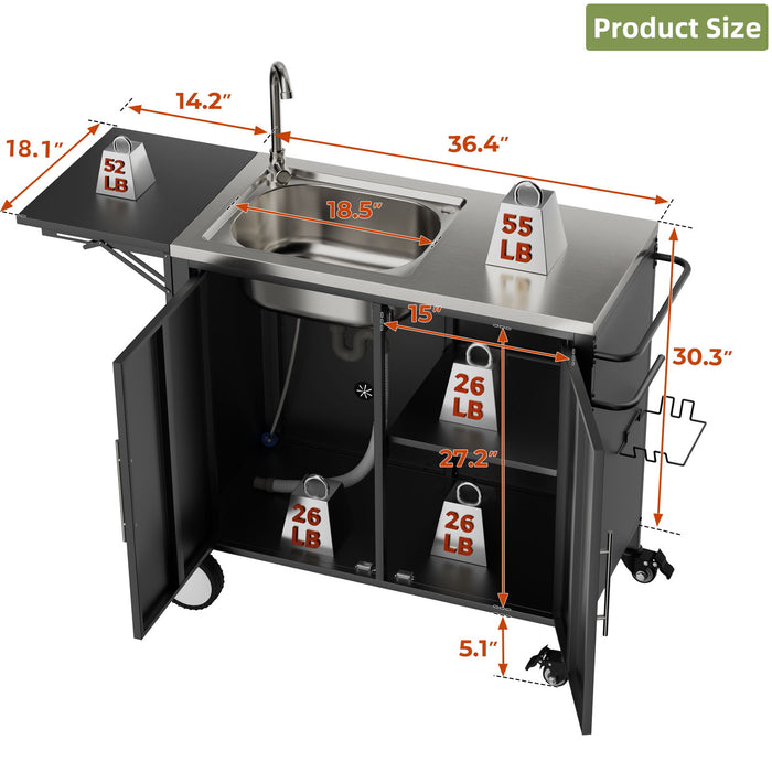 Outdoor Grill Table With Sink, Worktable Kitchen Cabinet Island With Wheels & Foldable Top - Black Daily Nest