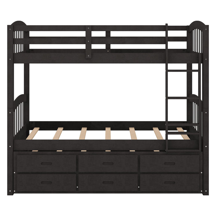 Twin Over Twin Wood Bunk Bed With Trundle And Drawers - Espresso