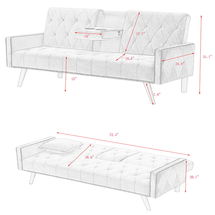 Sofa Bed With Nail Head Trim And Cup Holders - Pink Home Essentials