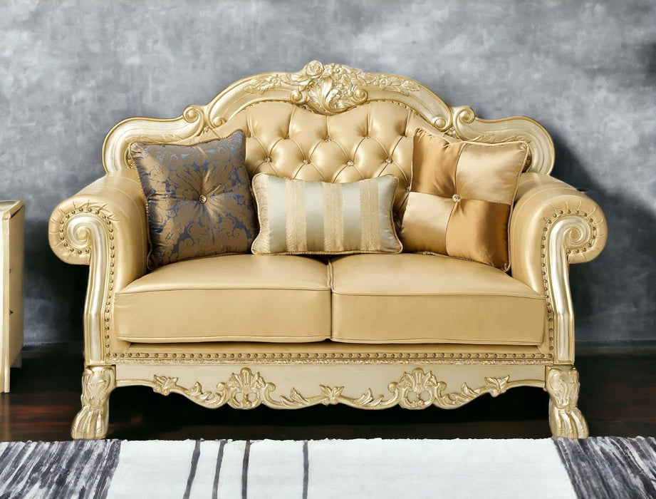 Faux Leather Loveseat And Toss Pillows - Bone / Gold