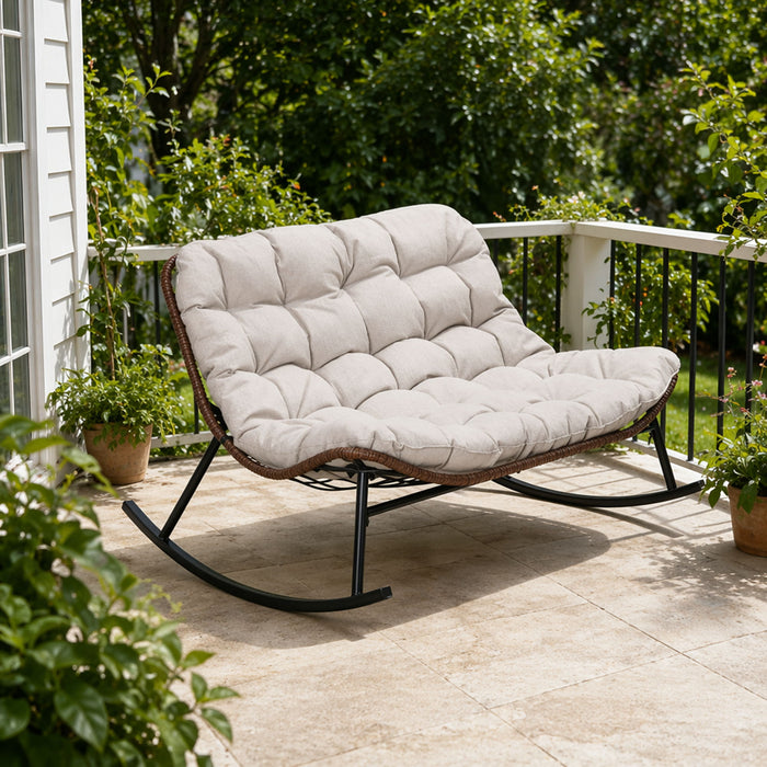 Double Wide Rocking Papasan Chair, 2 Person Outdoor Lounge Seating - Acacia Wood / Beige Home Essentials