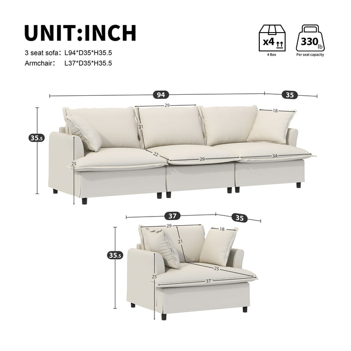 Living Room Set Modular Sectional Couch, Upholstered Sofa & Armchair & Movable Ottoman