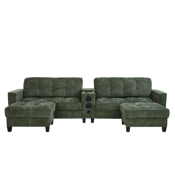 Modern Sectional Sofa U-Shaped With Movable Ottomans, tooth Speakers, LED Lights And Modular Storage