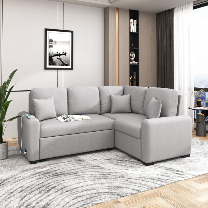 Sectional Sleeper Sofa With USB Charging Port And Plug Outlet, Pull-Out Sofa Bed With 3 Pillows, L-Shape Chaise For Living Room, Small Apartment - Gray