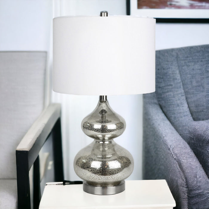 Glass Gourd Table Lamp With White Drum Shade - Silver