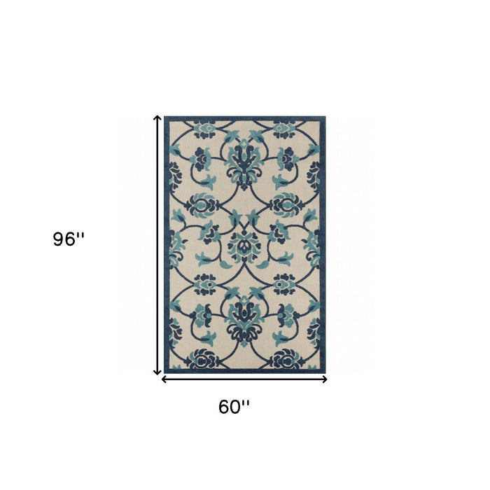 5' X 8' Floral Non Skid Indoor / Outdoor Area Rug - Blue