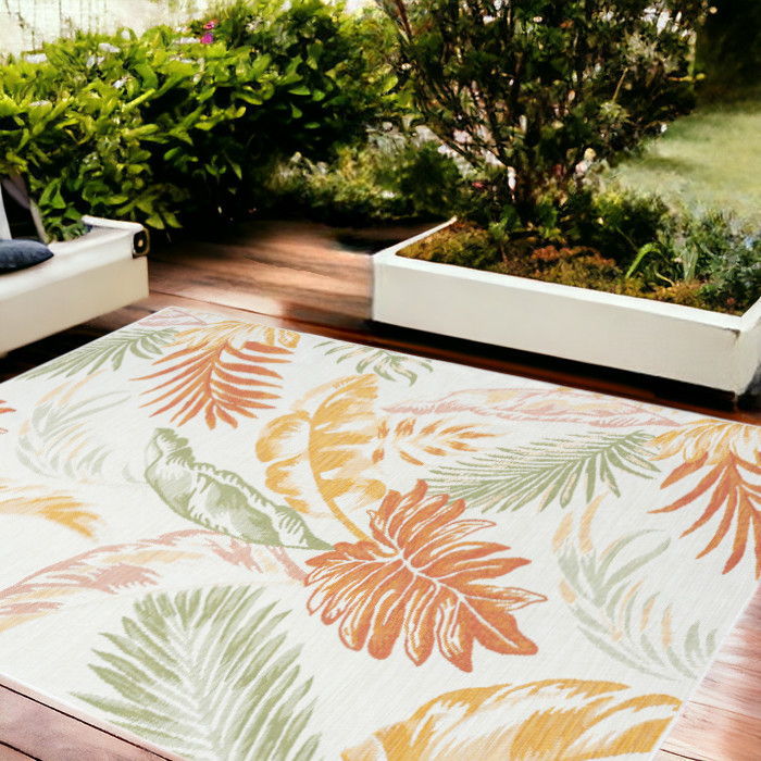 8' X 10' Palm Leaf Stain Resistant Indoor / Outdoor Area Rug - Ivory Green / Orange