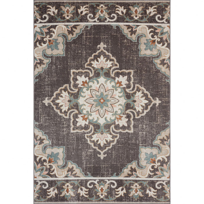 8' X 10' Floral Stain Resistant Indoor / Outdoor Area Rug - Brown