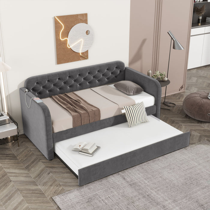 Upholstered Daybed With Trundle And USB Charging Design Home Essentials