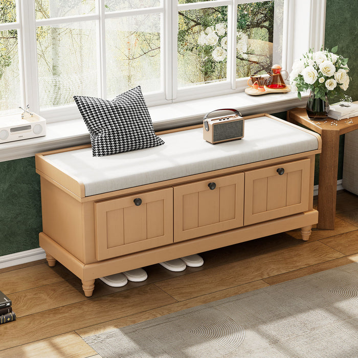 Shoe Bench With Cushion And 3 Drawers - Natural Hearth and Haven