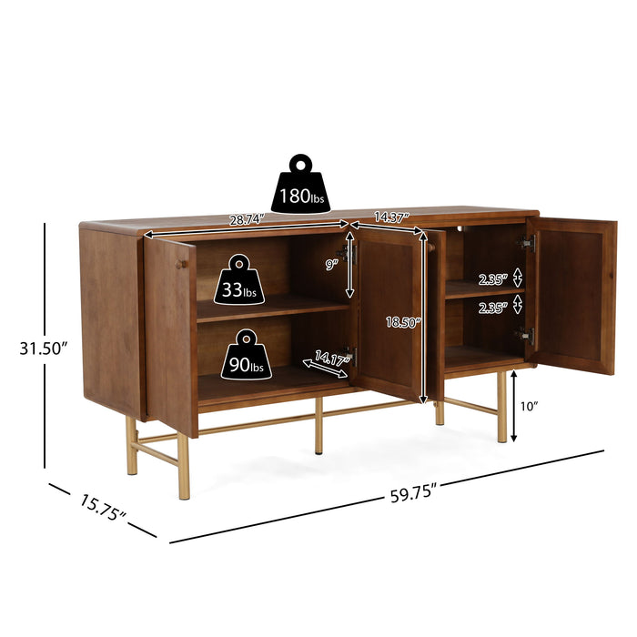 Modern Scandinavian 4 Door Sideboard Storage Cabinet With Adjustable Shelves - Brown / Gold Noble House
