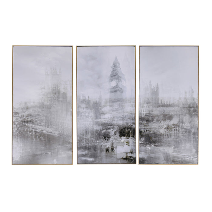 Foggy City Rectangle Framed Wall Art Canvas Print, Wall Decor For Living Room Bedrrom Entryway Office (Set of 3) - Gray