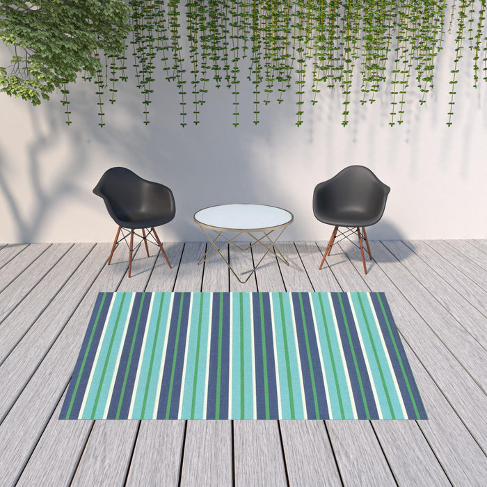 7' X 10' Geometric Stain Resistant Indoor & Outdoor Area Rug - Green / Blue