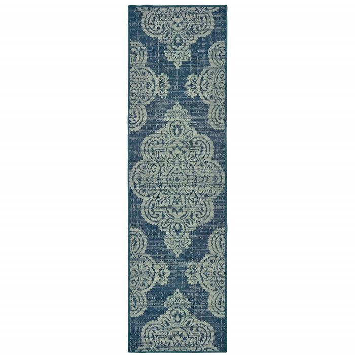 2' X 8' Oriental Stain Resistant Indoor & Outdoor Area Rug - Blue