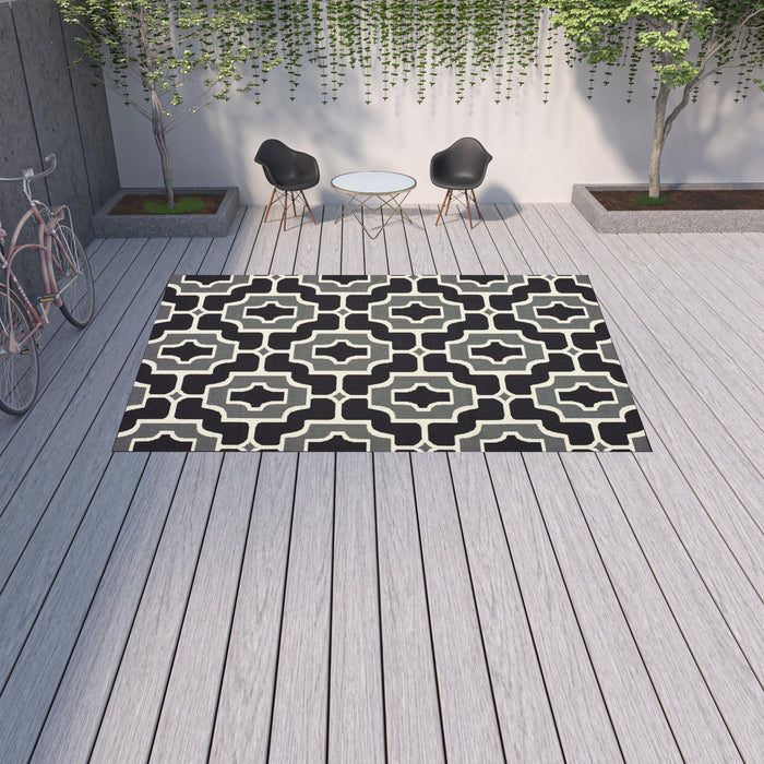 9' X 13' Geometric Stain Resistant Indoor / Outdoor Area Rug - Black / Gray