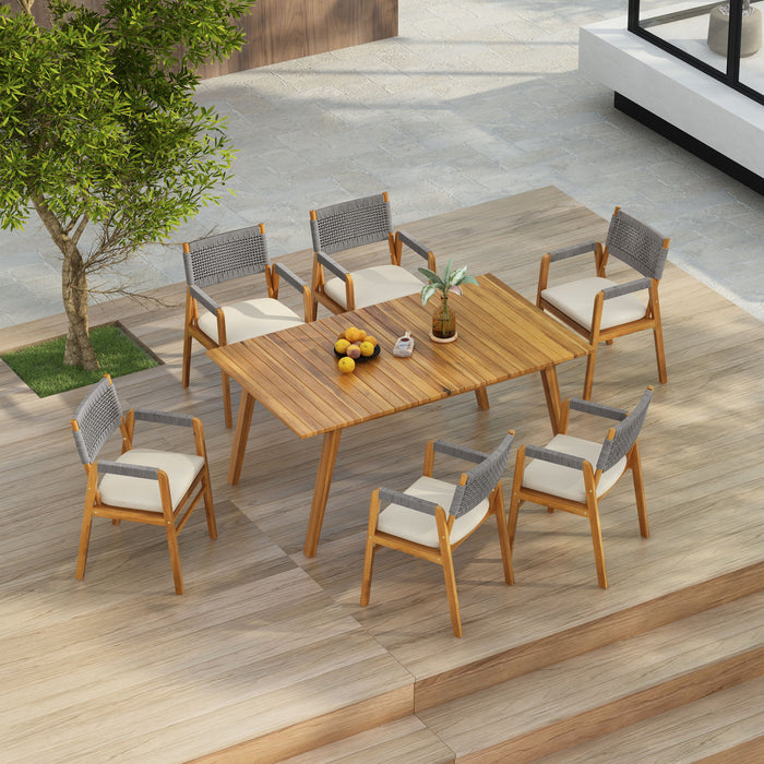 Outdoor 7 Pieces Patio Slat Design Acacia Upholstered Dining Set