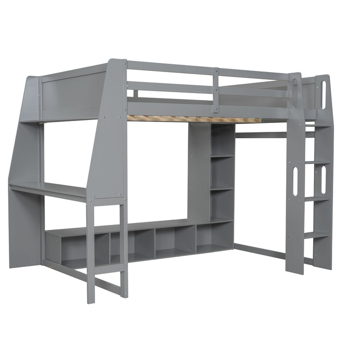 Gaming Loft Bed With Desk, Multi Storage Shelves, LED Lighting, And Hanging Clothes Rack Hearth and Haven