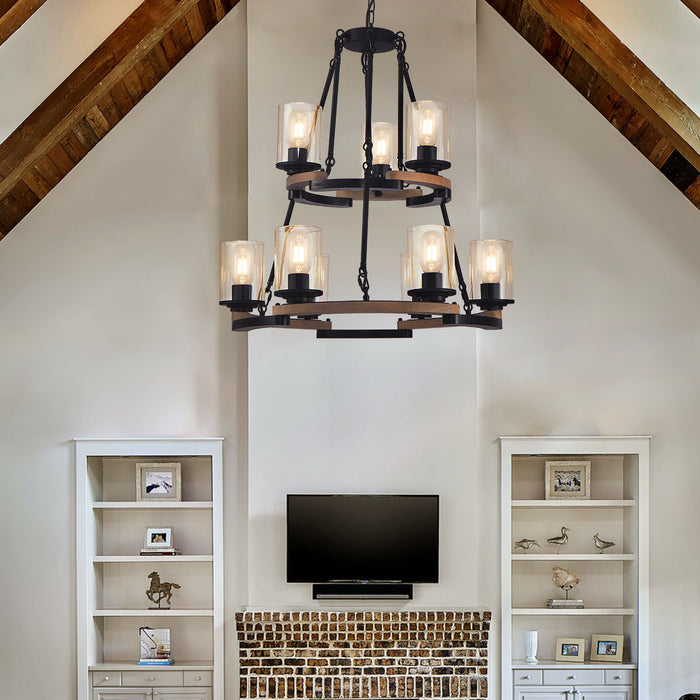 Wagon Wheel Chandelier, Ceiling Light With Adjustable Height - Black / Brown Daily Nest