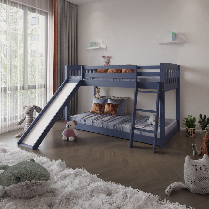 Twin over Twin Solid Wood Bunk Bed With Slide and Ladder - Blue