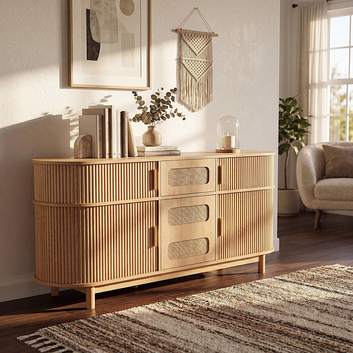 Fluted Sideboard Buffet Cabinet With Sliding Doors And Adjustable Shelves Noble House