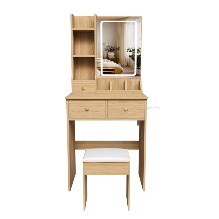 Small Vanity Desk With 3 LED Lighting Modes, 3 Drawers, Hair Dryer Holder, Power Socket, And Dressing Chair - Natural Walnut Home Essentials