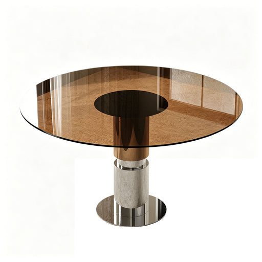 Round Dining Table / Tempered Glass Top - Brown Home Essentials