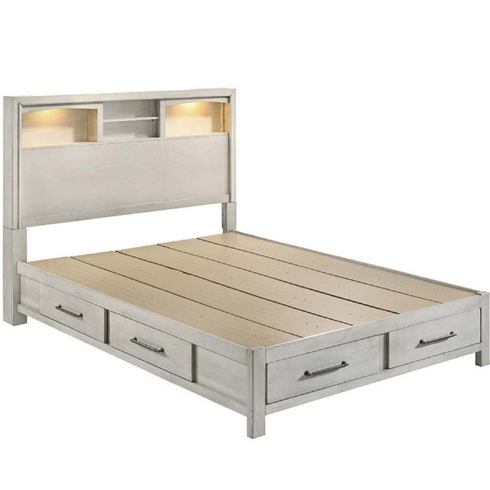 Transitional Bed With Smooth Gliding Drawers, Built In Lights, Open Headboard Shelves Home Essentials
